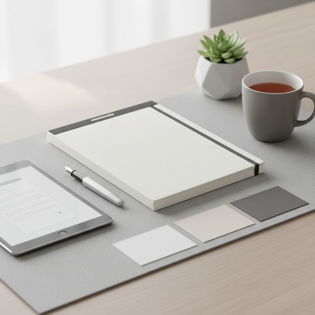Office Desk with Notepad, Tablet, Pen, Coffee Cup, and Succulent.