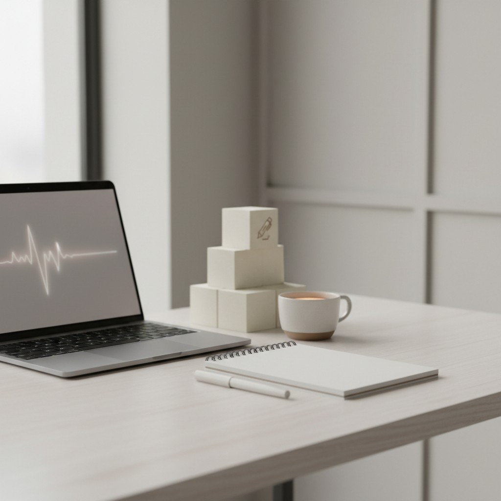 A cluttered white desk with a laptop, notebook, pen, coffee mug, and white blocks showing an icon of a pencil.